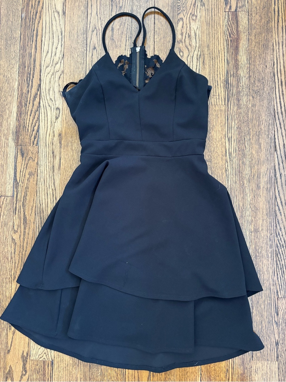 B Darlin Black Lace-Trim Tiered Mini Dress